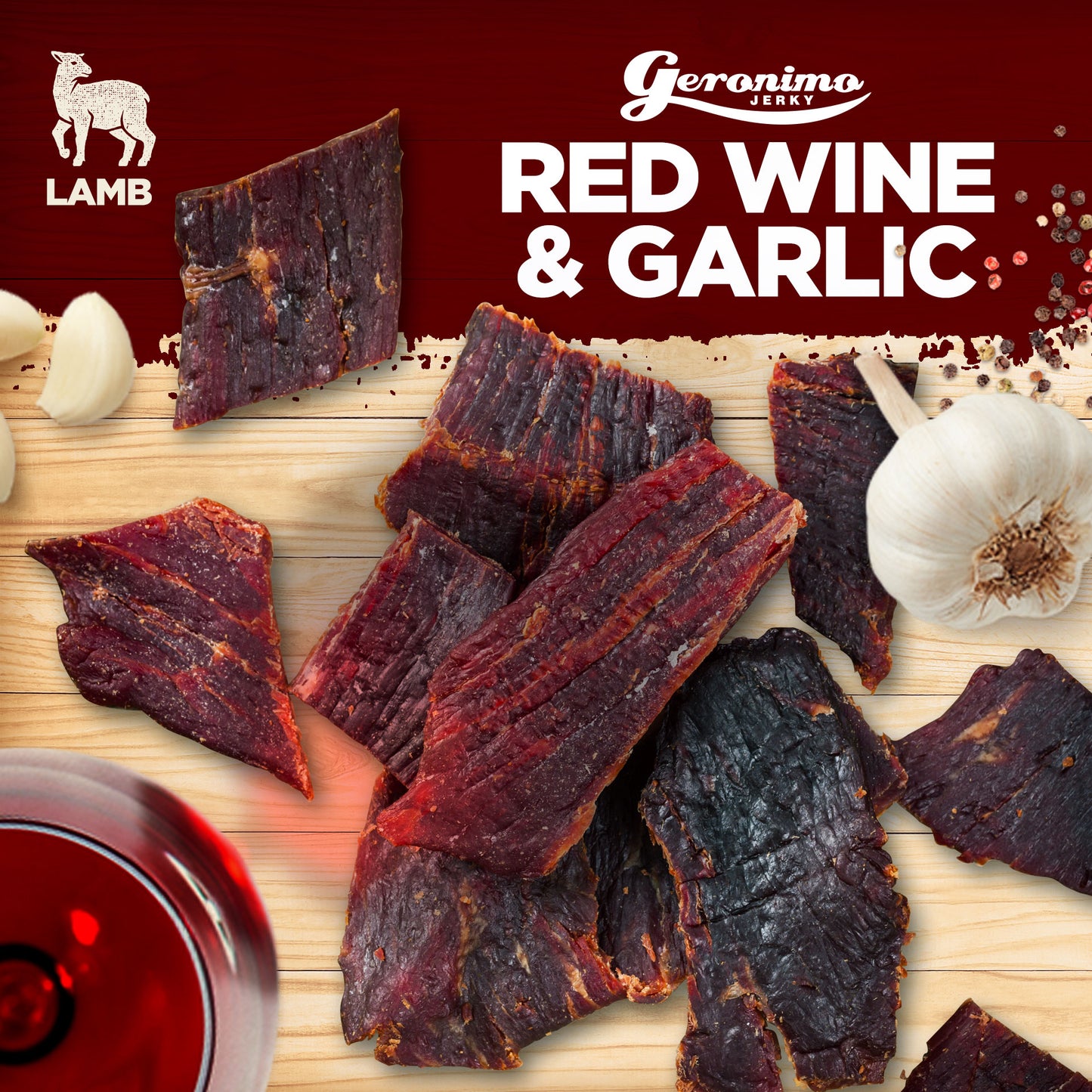 Geronimo Jerky - Lamb Jerky - "Red Wine & Garlic" Flavour